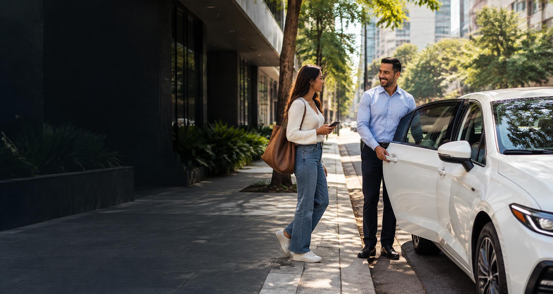 Motorista recebendo uma passageira ao lado de um carro na cidade